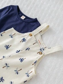 Cozy Pixies 2pcs Baby Boy Navy Blue Outfit,Cute Soft Knit Crew Neck Top And Coconut Tree Pattern Bib Shorts Overall Set For Autumn,Vacation,Holiday Fall Winter - Blue - View 8