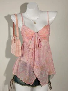 SHEIN ICON 夏季外出海滩波西米亚风夏威夷粉色娃娃装飘逸花卉女式背心和吊带背心西部风女装 - 藕粉色 - 查看 1