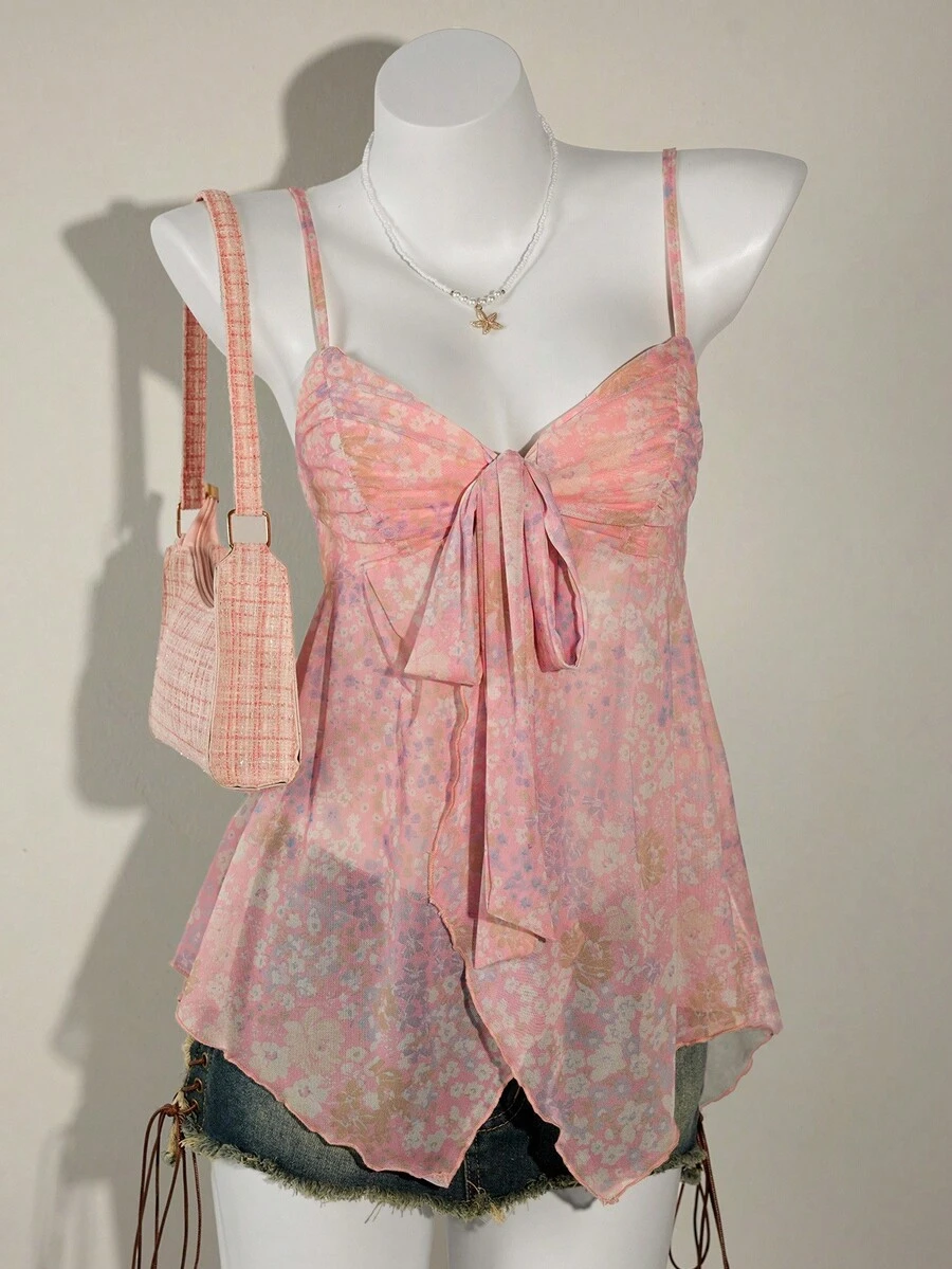 SHEIN ICON 夏季外出海滩波西米亚风夏威夷粉色娃娃装飘逸花卉女式背心和吊带背心西部风女装 - 藕粉色 - 查看 1