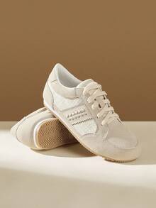 CUCCOO EASI Scarpe casual e sportive da donna con design a patchwork e punta tonda, scarpe da ginnastica in pelle PU leggera e comoda color kaki chiaro, adatte per uso quotidiano sia interno che esterno