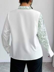 Elenzga Camisa de manga larga casual con estampado aleatorio y cuello anudado para mujer talla grande - Multicolor - Ver 2