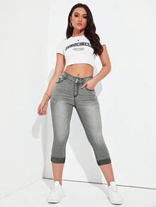 SHEIN ICON Quần jean lửng nữ dáng ôm có túi, đa năng, kiểu dáng thường ngày. - Xám - Xem 6