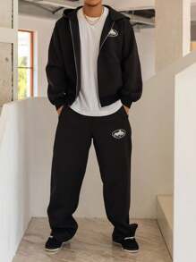 DAZY 山峰印花黑色拉链连帽运动衫和裤子，街头风格男士连帽衫套装，秋季舒适服装