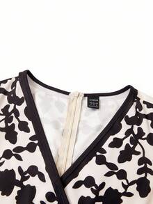 Ellevyn 女式 V 领长灯笼袖卡其色黑色花卉印花腰部修饰直筒连体裤，优雅日常穿着，秋冬 - 彩色 - 查看 7