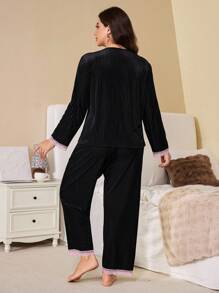 SHEIN Nuevo conjunto de pijama de manga larga con cordón de contraste dulce de encaje y pantalones de terciopelo, talla grande, conjunto de pijama negro con encaje, ropa de otoño - Negro - Ver 3