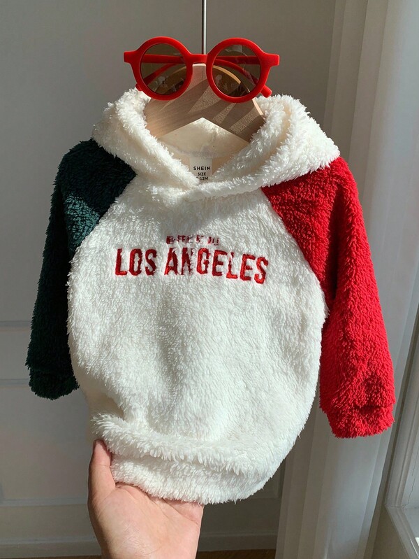 SHEIN Baby/Baby Boy/Girl Fleece Lined Colorblock Hoodie Sweatshirts, Comfortable Versatile Casual All-Match Tops, Suitable For Indoor, Outdoor, Daily Wear, Sports, Play, Party, Photo Shoot, Festival, Christmas, Reindeer, Christmas Gifts, Autumn/Winter