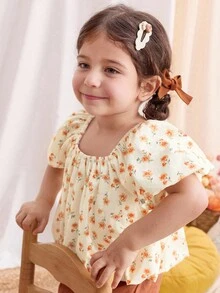 Blossori Blusa con volantes en el bajo con estampado floral amarillo para niñas, estilo vacaciones en el campo - Multicolor - Ver 6