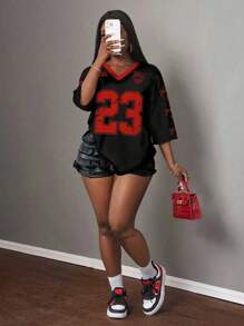 Slaydiva Casual Minimalist Letter & Number Graphic Women's T-Shirt, Suitable For Summer - Black - View 6