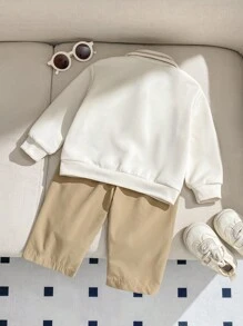 SHEIN مجموعة قميص ثقيل بولو مريح وبنطال طويل منسوج مناسبة للأطفال الصبية، مناسبة للارتداء اليومي، الخارجي، الرياضة، الحفلات، التصوير الفوتوغرافي، العطلات، موسم الخريف/الشتاء