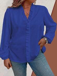 Women's Plus Size Solid Color Simple Daily Wear Long Sleeve Shirt Fall Cloth For Women - Blue - View 5