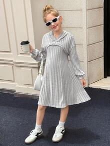 SHEIN Tween Girl Solid Ribbed Camisole Dress And Long Sleeve Hoodie Casual 2-Piece Set, Suitable For Holiday, Summer, Travel, Vacation - Light Grey - View 1