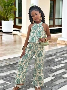 Sparklyn 2pcs Tween Girl Vacation Basic Halter Blouse + Wide-Leg 3/4 Pants Floral Woven Set