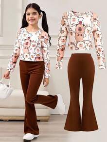 SHEIN 青少年女孩宽松休闲舒适圆领卡通印花T恤和喇叭裤套装 - 卡其色 - 查看 1