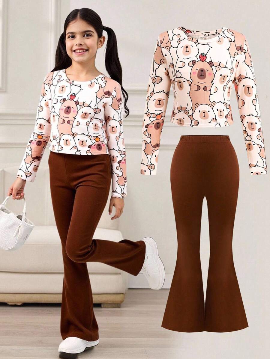 SHEIN 青少年女孩宽松休闲舒适圆领卡通印花T恤和喇叭裤套装 - 卡其色 - 查看 1