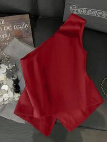 Franclia Fashionable & Elegant Versatile S-Shaped Sexy Oblique Shoulder Metal Buckle Decor Women Top, Spring/Summer - Red - View 2