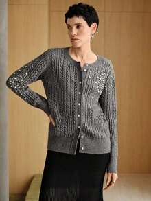 Uhlyne Gray Cable Knitwear Cardigan With Composite Bead Embellishments Halloween Women Sweaters,Spring/Autumn/Winter Women, Retro,Work Wear, Office Wear, Teacher Outfits, Back To School, Fall , Business Casual, Old Money Style,Preppy Academia College Style - Grey - View 4