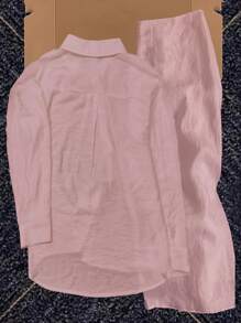 Bộ 2 món áo sơ mi dài tay đơn hàng khuy đơn in họa tiết hiệp sĩ dành cho nữ và quần ống rộng - Hồng - Xem 2