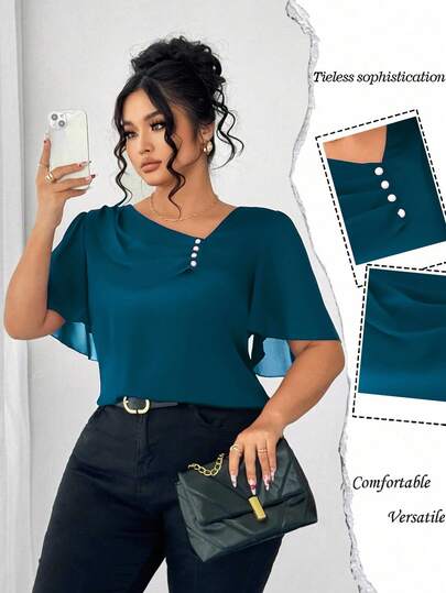 Elenzga Plus Size Asymmetrical Ruffle Collar Button Decor Short Sleeve Elegant Blouse Dressy Top Teal Blouse Blue Top Teal Top Women Blouse