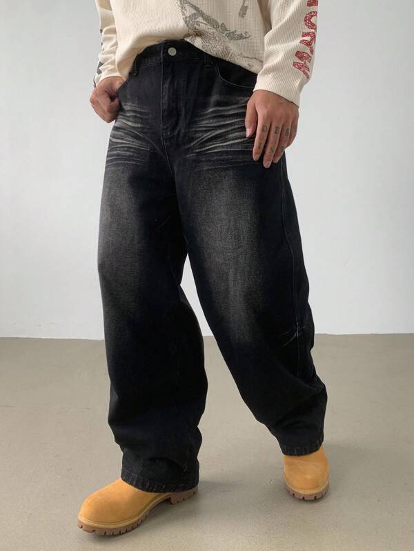 DAZY Jeans anchos de pierna ancha de estilo callejero lavados en negro para hombres, otoño