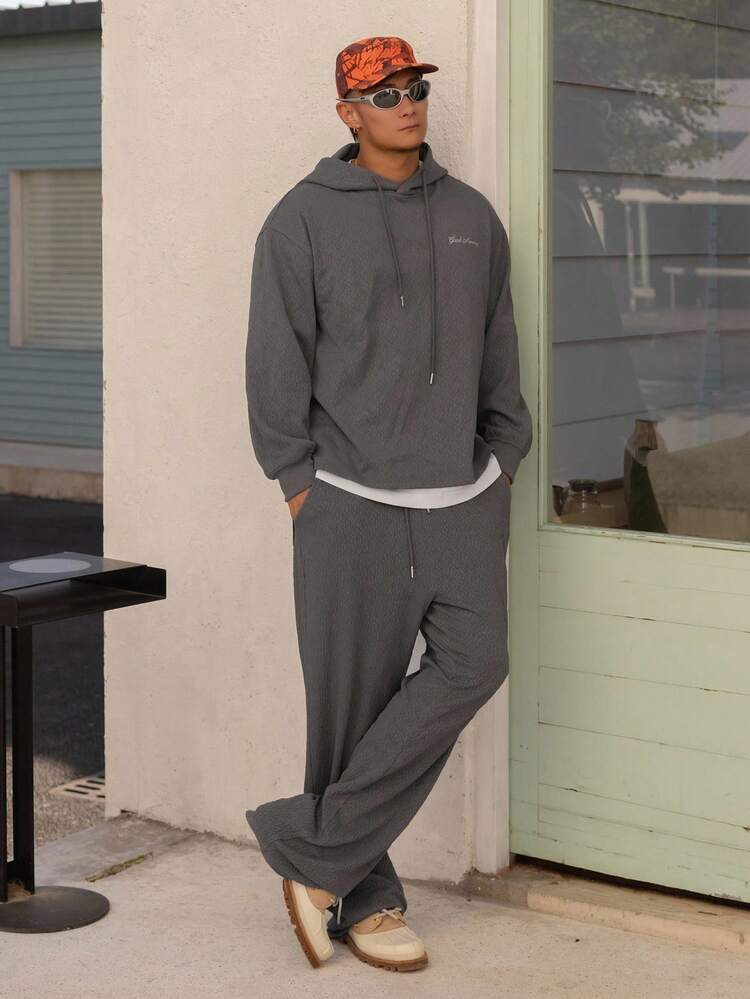 Men's Grey Letter Design Hoodie Set, Autumn