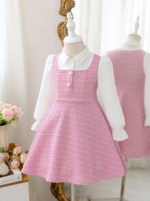 SHEIN Young Girl Woven Contrast Color Puff Sleeve 2 In 1 Dress Fall Winter - Pink - View 7