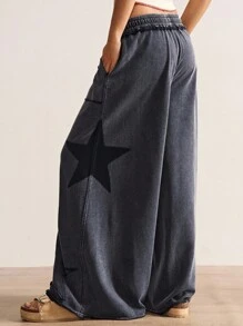 Bohemela 女士休闲纯色针织宽松阔腿裤 - 黑色 - 查看 3