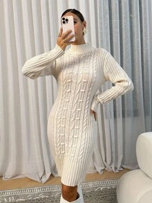 Lavishia Vestido de punto ajustado de unicolor con cuello alto para mujer, otoño/invierno - Albaricoque - Ver 5