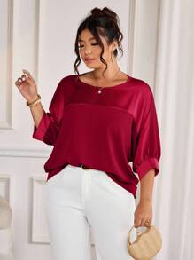 Allurite Áo thun chui đầu cổ tròn tay 3/4 vải kim loại chắp vá màu tương phản vải dệt cổ tay áo raglan thường ngày đi chơi đi làm dự tiệc - Đỏ - Xem 7