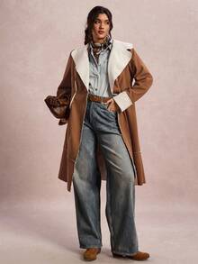 SHEIN LUNE Plus Size Women Khaki Woven Brushed Teddy Fleece Coat/Winter - Mocha Brown - View 6