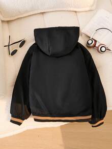 SHEIN Explorewe 这款少女纯色拉链外套，内衬保暖，饰有刺绣，舒适百搭，适合秋冬季节穿着。罗纹袖口和下摆，适合上学、通勤、旅行和休闲等各种场合，可搭配长袖上衣、连帽衫和毛衣。 - 黑色 - 查看 7