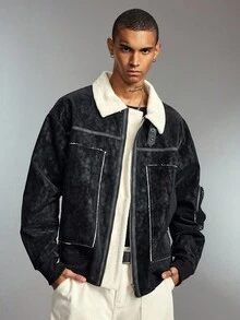 ROMWE MEN Street Life Chaqueta con cremallera delantera y hombros caídos con forro de piel sintética para hombre, otoño/invierno - Negro - Ver 4