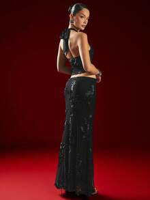 Hauture 优雅性感花卉提花撞色网眼鱼尾下摆半身裙 - 万圣节、夜间外出、派对 - 黑色 - 查看 5