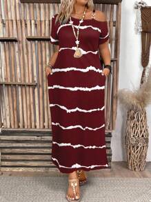 EMERY ROSE Plus Size Women's Casual Striped Minimalist Daily Dress, Asymmetric Neckline Side Slit Pocket Dress. Women's Long Dress, Extra Long Loose Vacation Style Dress