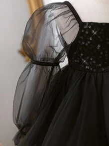 Elegant Black Mesh Long Sleeve Dress, Babygirl Fall Winter - Black - View 9