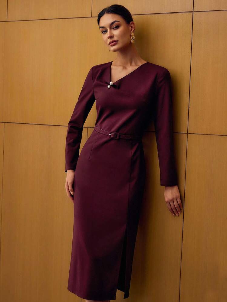 FAUX PEARL DECOR BODYCON MID-CALF DRESS