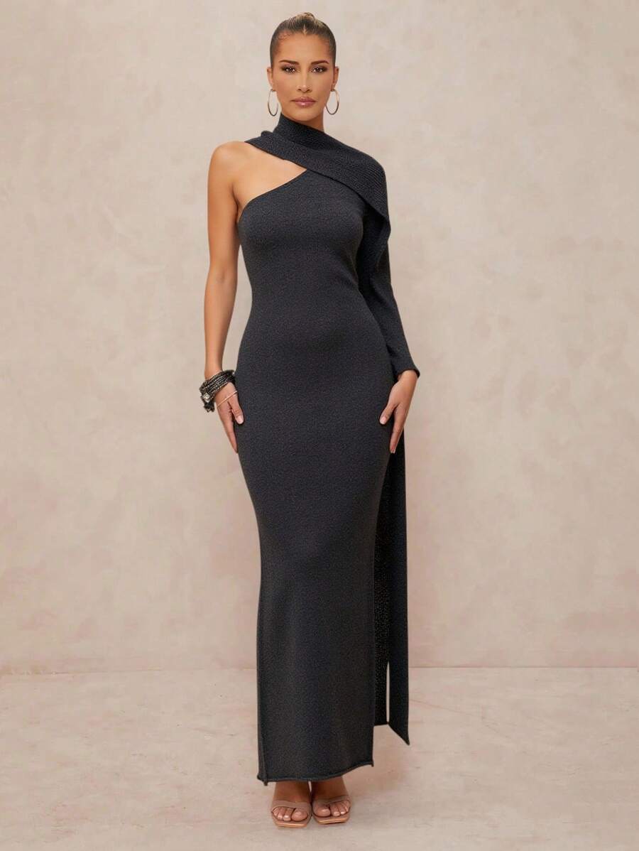 Lumalex Fall Winter Goth Modest Old Money Glitter Holiday Party Outfit Rave Festival Outing Vacation Bohemian BOHO Outdoor Richly Layered Wedding Season Banquet Coming Of Age Ceremony Asymmetrical Neck Wrap Neck Bodycon Knit Dress For Women Open Shoulder Dress Elegant One Sleeve Dress Maxi Dress Asymmetrical Dress Gray Dress Luxury Prom Christmas New Year - Dark Grey - View 1
