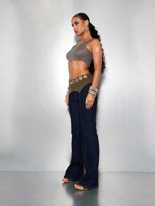 SUMWON WOMEN 低腰喇叭牛仔裤 Y2K 时尚喇叭裤灯芯绒腰带金属扣眼节日演唱会裤子秋冬街头潮流 - 彩色 - 查看 7