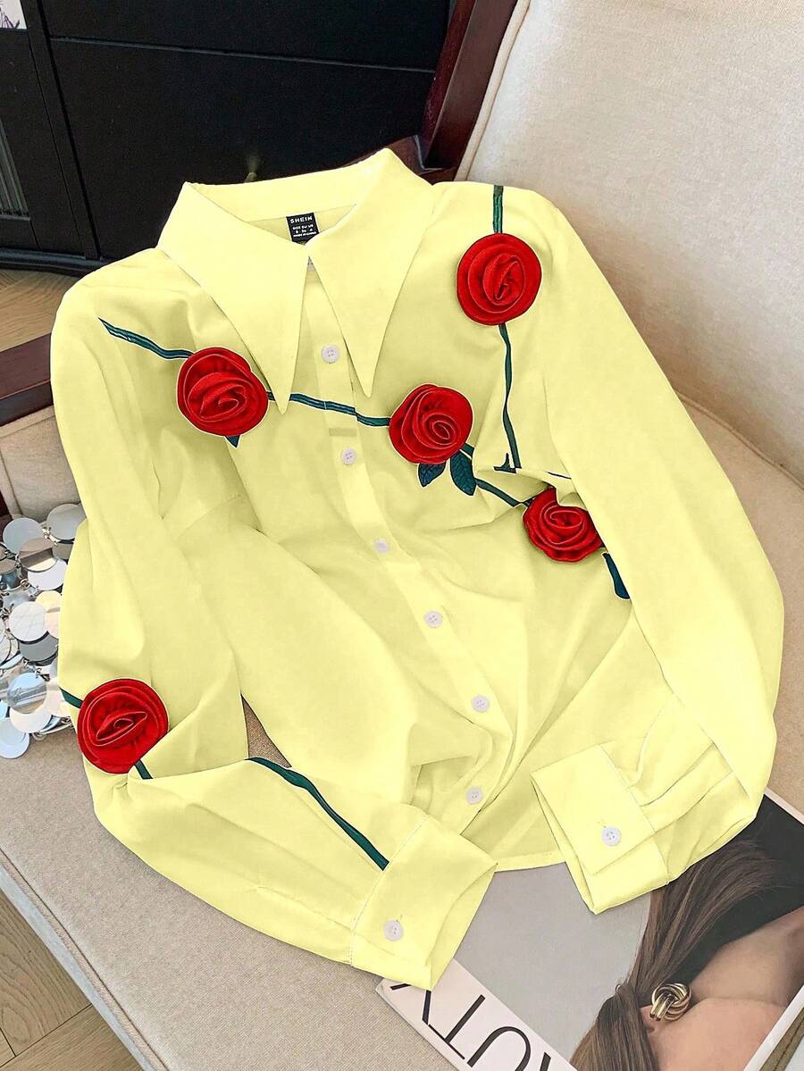 SHEIN Clasi 标准尺寸女士优雅情人节绿色树枝印花 + 3D 花卉休闲衬衫 - 淡黃色 - 查看 1