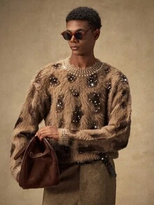 Áo len chui đầu thời trang nam AKNOTIC, họa tiết da báo jacquard đính ngọc trai giả, mẫu mới Thu/Đông, dáng rộng thoải mái, sang trọng cho Giáng sinh, Năm mới. - Cà phê nâu - Xem 5