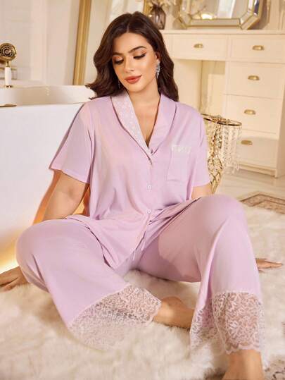 LuxeNights Côtesoire 法式休闲蕾丝拼布前开大码睡衣套装