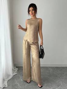 Elenzga 2pcs Women's Gold Material Sleeveless Top And Wide Leg Pants Set - Gold - View 7
