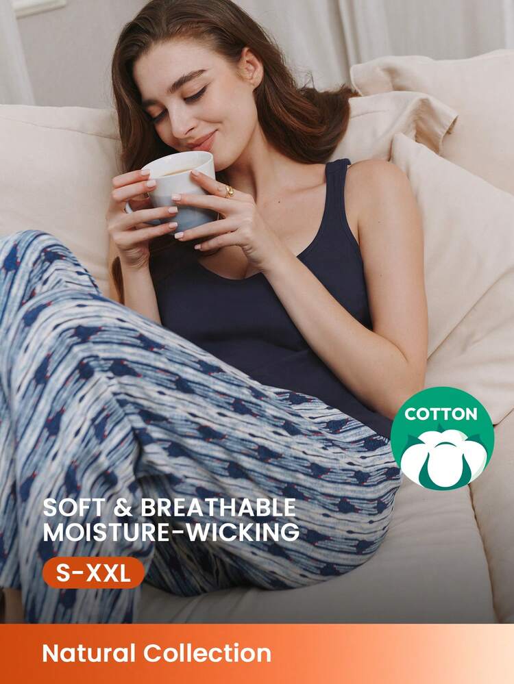 Letni, miękki bawełniany, podstawowy top i wzorzyste spodnie, przewiewny komplet piżamowy dla kobiet, spodnie z kieszeniami, bielizna jako odzież wierzchnia, zestawy wypoczynkowe dla kobiet, pasujące zestawy na wiosnę i lato, dwuczęściowy komplet Capri, bawełniana piżama