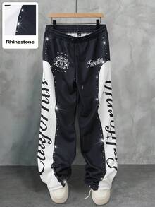 ROMWE MEN Street Life Men's Zebra Rhinestone Letter Print Drawstring Waist Sweatpants - Black - View 4