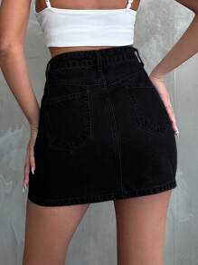 EURMUSE Women's Washed Denim Skirt With Slanted Pockets And Hip Wrap Design - Black - View 2