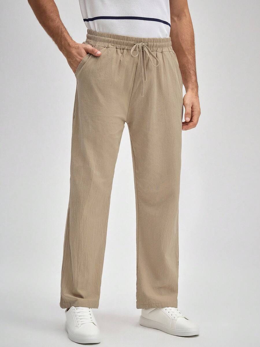 OFFICEAU Men's Linen Pants, Summer Drawstring Beach Breathable Long Trousers, Elastic Waist Casual Cargo Pants For Men, Suitable For Vacation, Commute, Relaxed Street Style, Old Money Spring To Summer - Khaki - View 1
