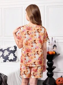 SHEIN Halloween Cute Floral Pumpkin & Ghost Print Girls Pajama Set - Multicolor - View 2