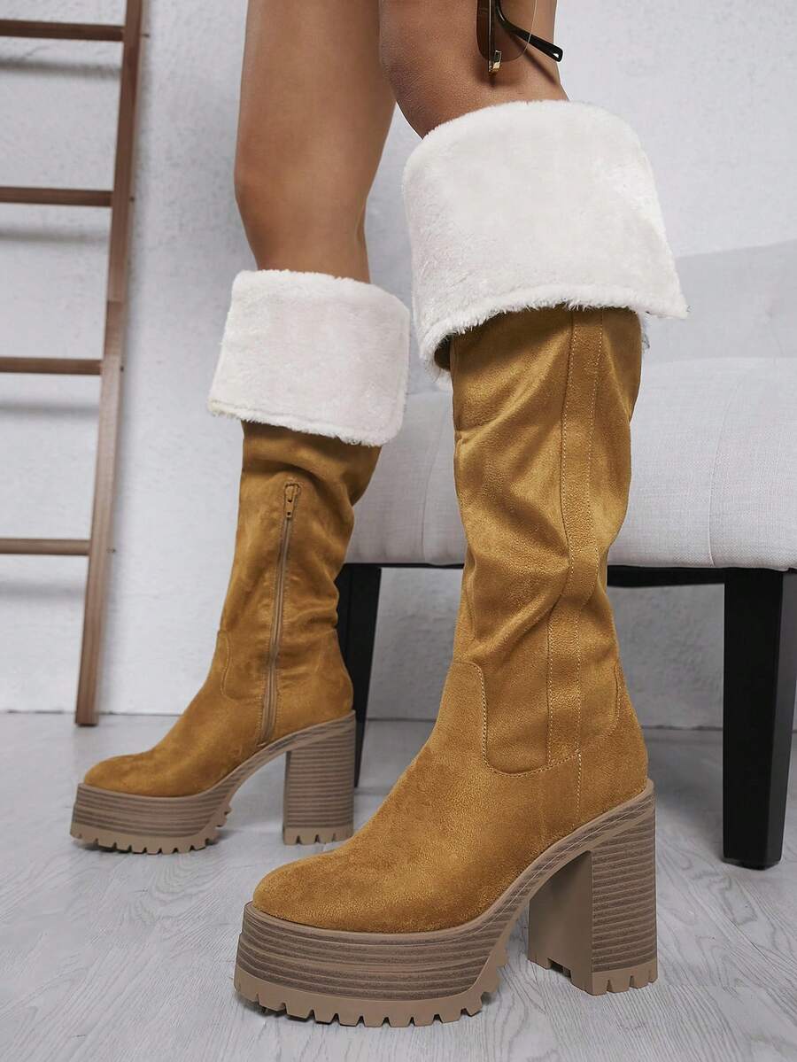 SHUZIA Fuzzy Trim Chunky Heeled Boots - Camel - View 1