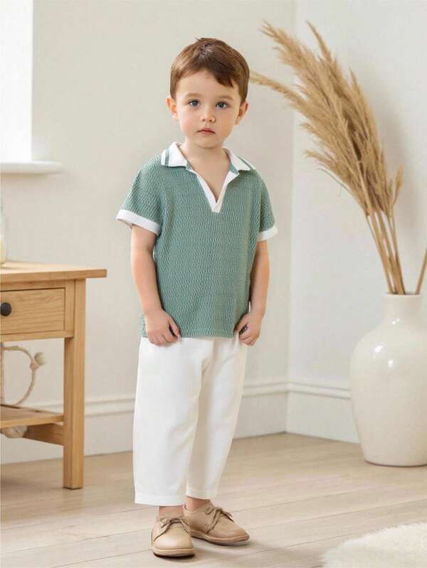 Set de 2 piezas de Top de polo con cuello de contraste y Pantalones casuales blancos para niños pequeños, verde menta, de tela suave y texturizada, de alta elasticidad, versátil para la escuela, viajes, vacaciones, todo a juego