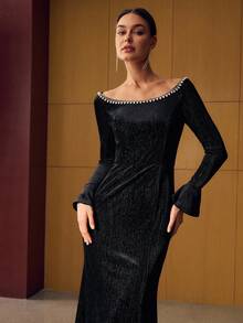 MOTF PREMIUM 仿珍珠饰边修身长裙 - 黑色 - 查看 4