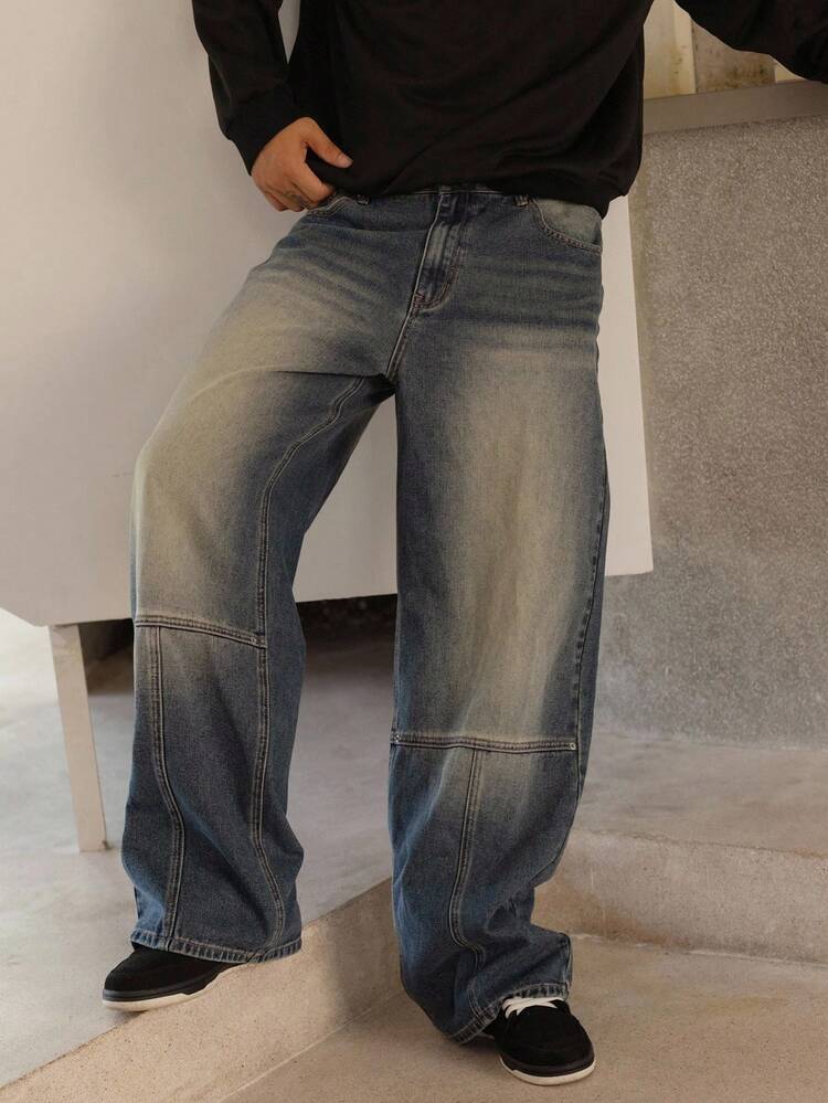 Men's Solid Blue Washed Vintage Letter Embroidery Design Jeans, Autumn